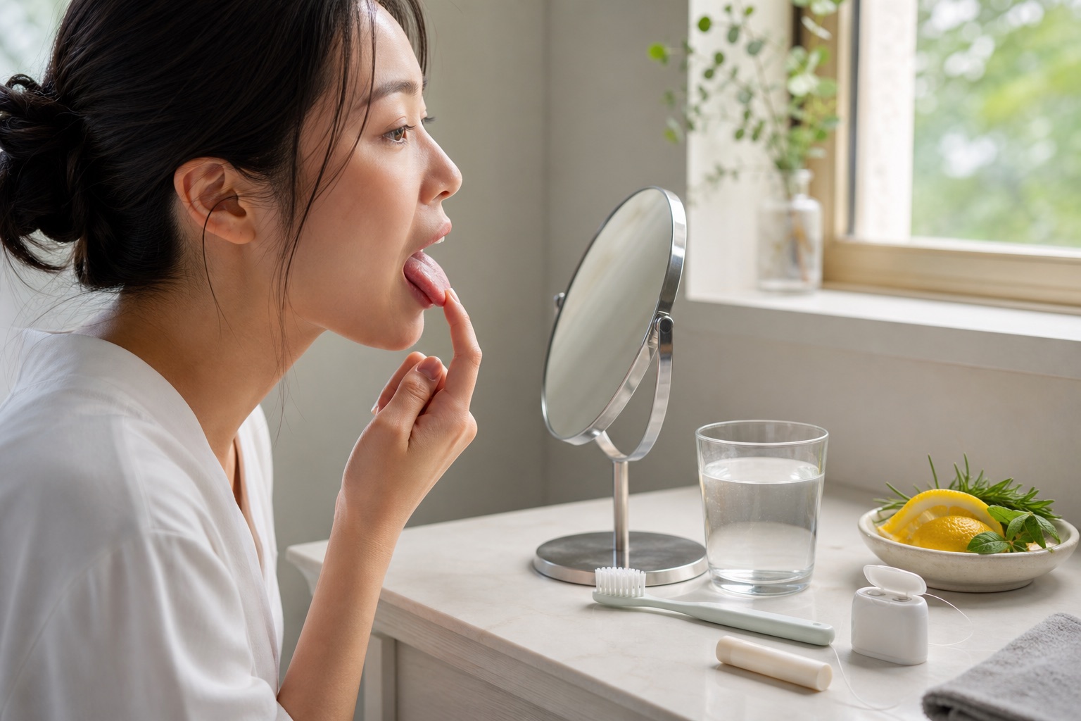 鏡で舌と口内を確認しながら水分と口腔ケアを見直す女性