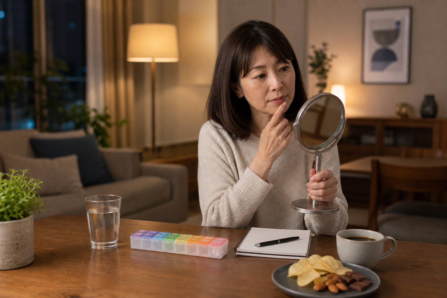 服薬や口の乾きと夜の飲食をノートで整理する女性