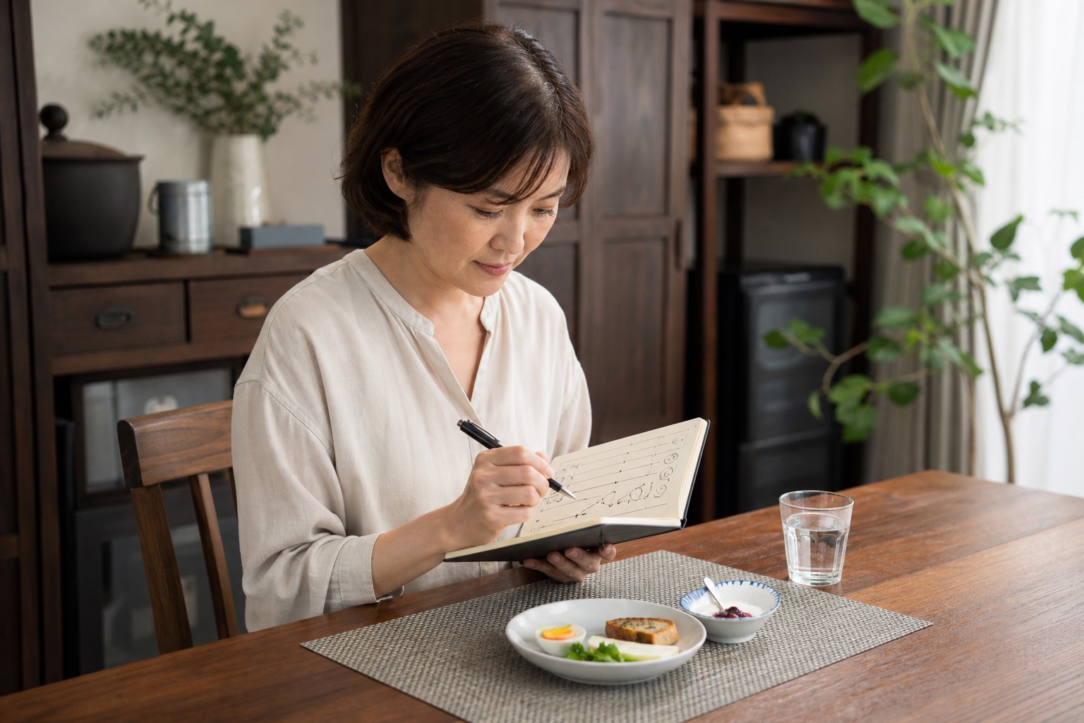 月経周期と食事や味覚の変化をノートに記録する女性