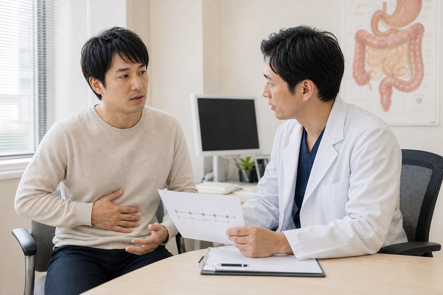 味覚の変化と胃腸症状の経過を医師へ説明する患者