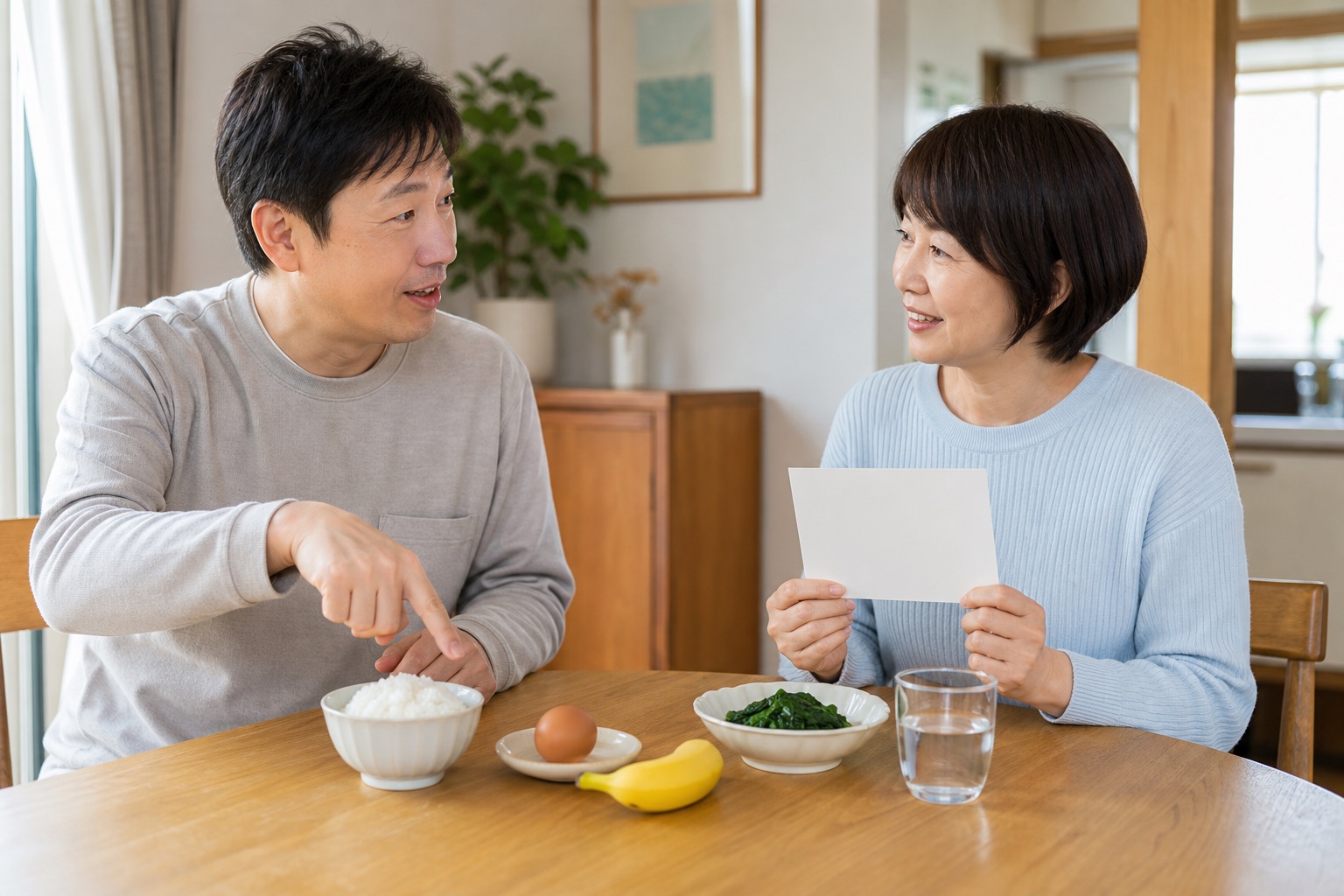 食卓で味覚の変化と食事について話し合う男女