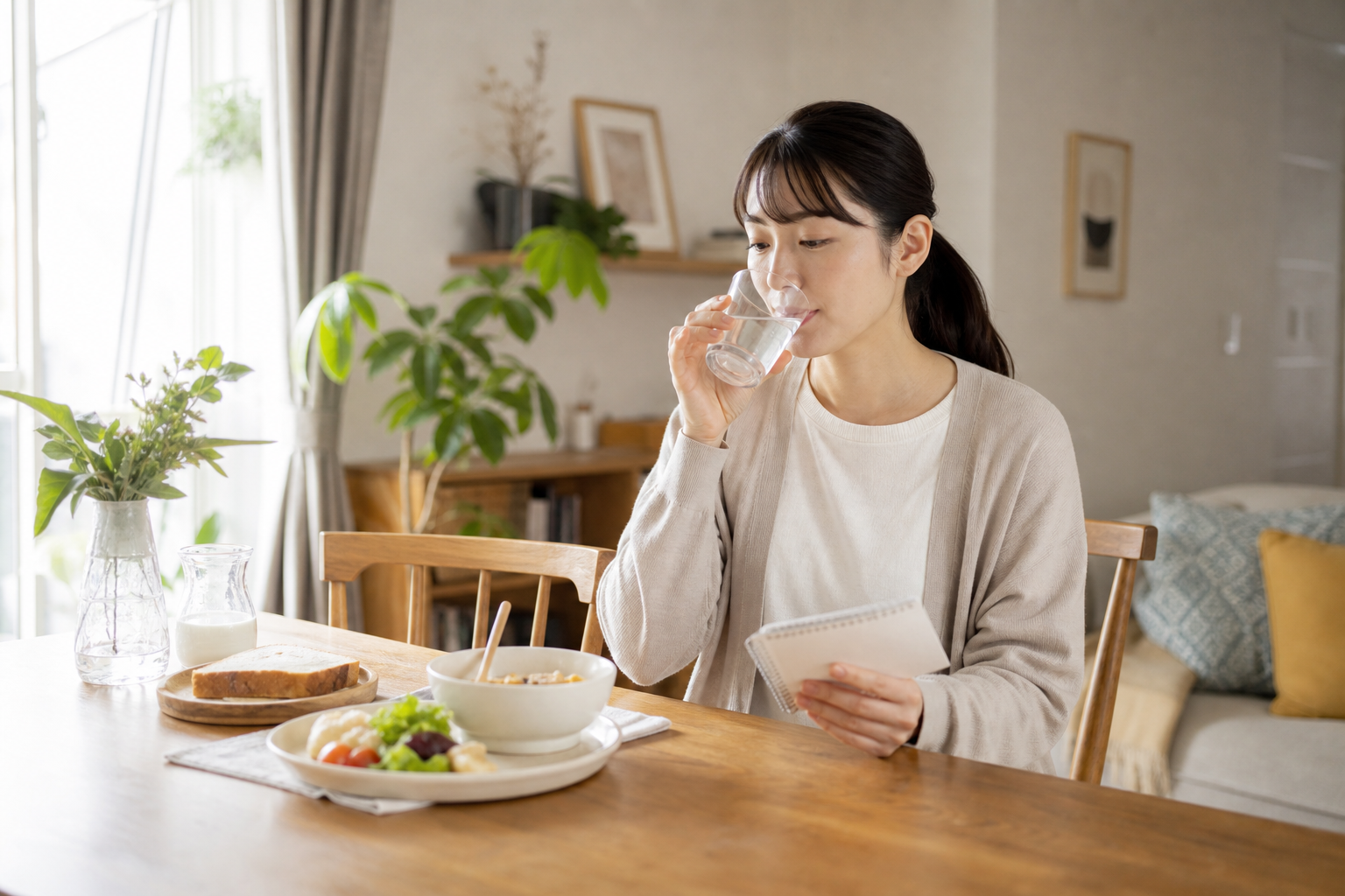 朝食後に水分を取りながら体調の変化をメモする様子