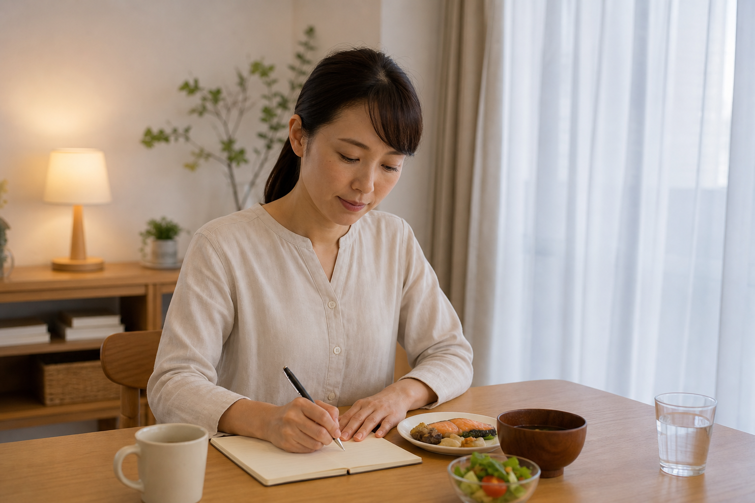 食事や睡眠と体調の変化をノートに記録する様子