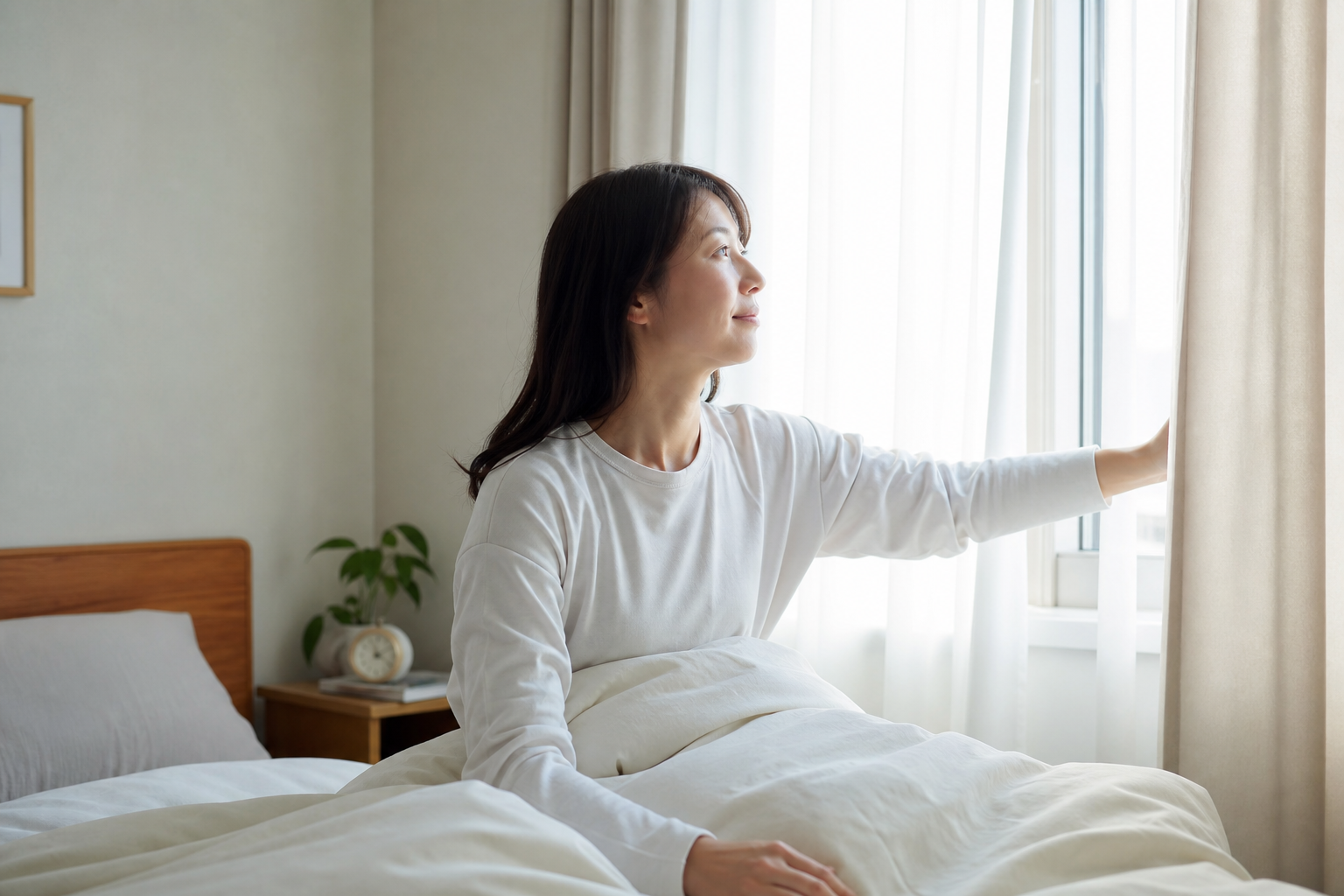 眠気が強い朝に寝室で休息と睡眠の状態を見直す様子