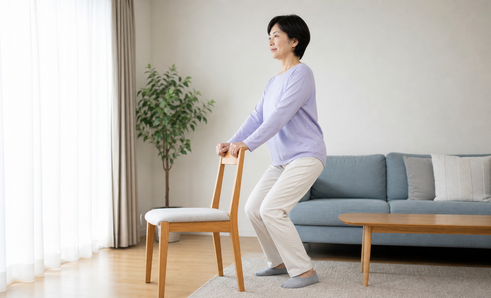 椅子の背もたれを支えにして軽く膝を曲げる運動をする様子