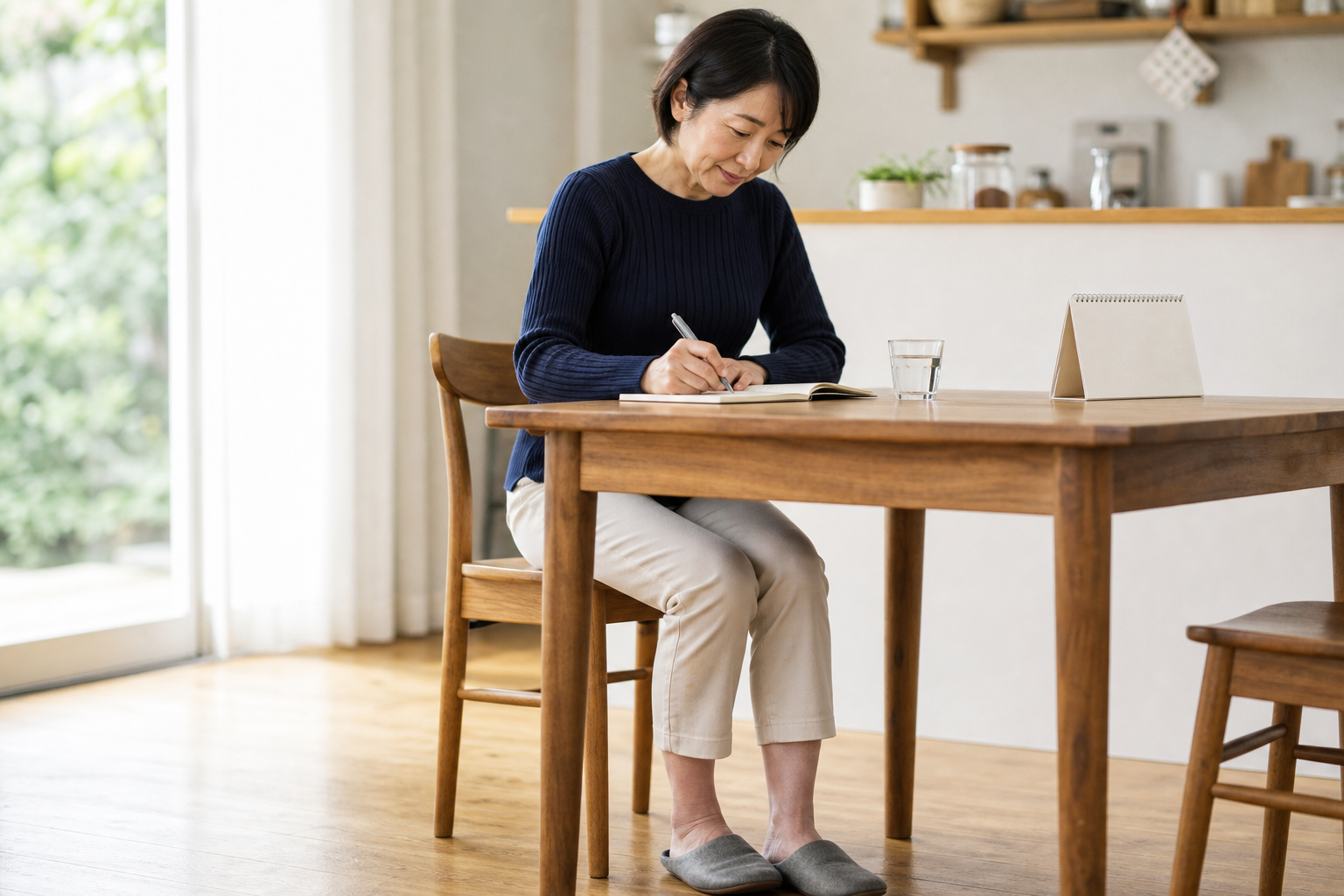 膝の痛みが出る動作や時間をノートに記録する様子