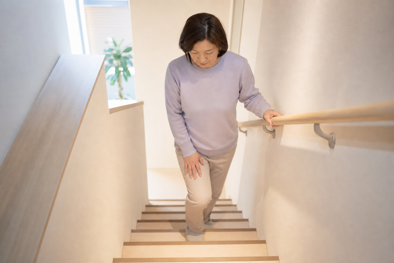 階段を降りる時に手すりを使い膝の負担に配慮する様子