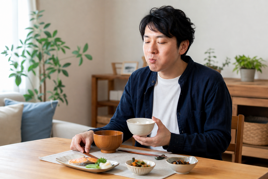 食事をゆっくり口に運ぶ男性