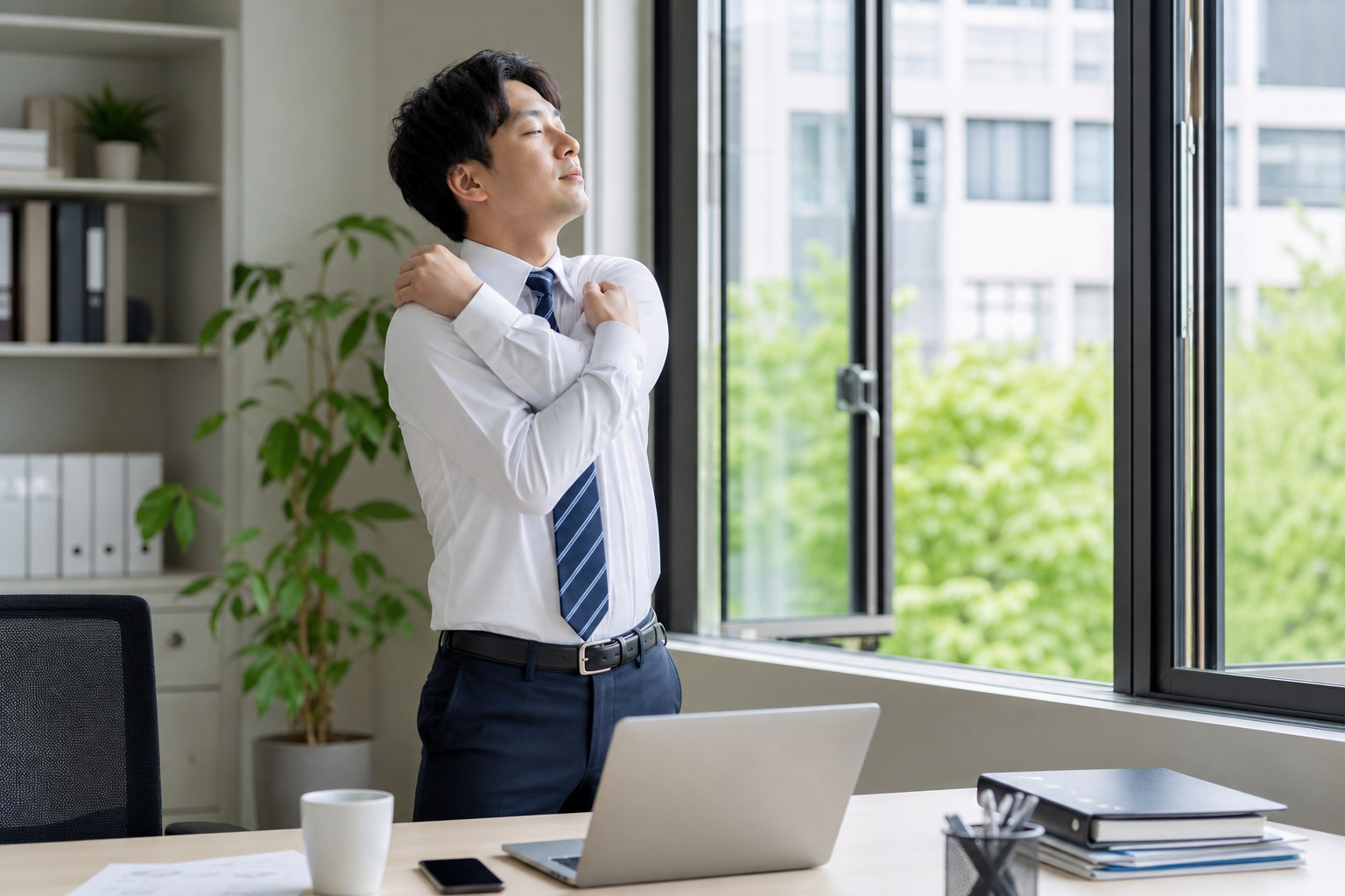 仕事の合間に窓辺で緊張をゆるめる男性