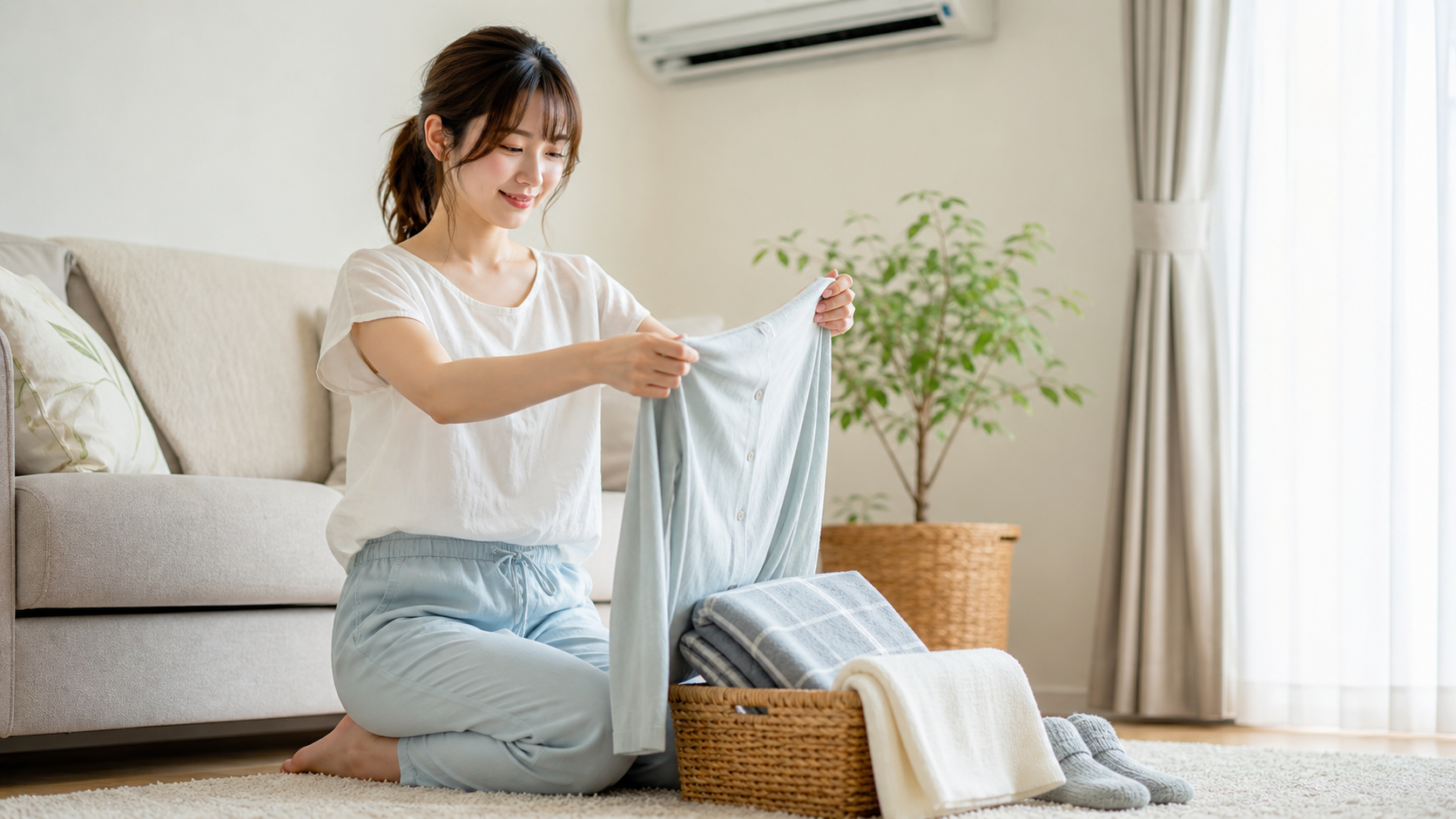 夏の冷房対策として薄手の上着と靴下を準備する様子