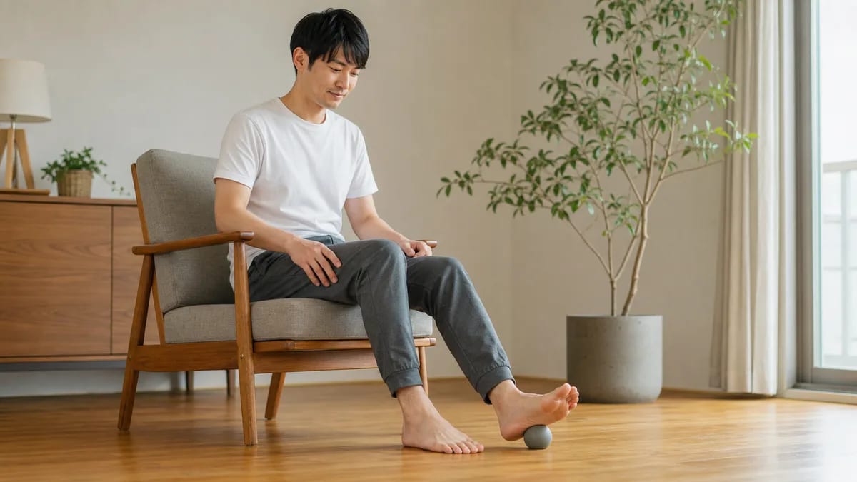 座った姿勢で足裏に小さなボールを当てるセルフケアの様子