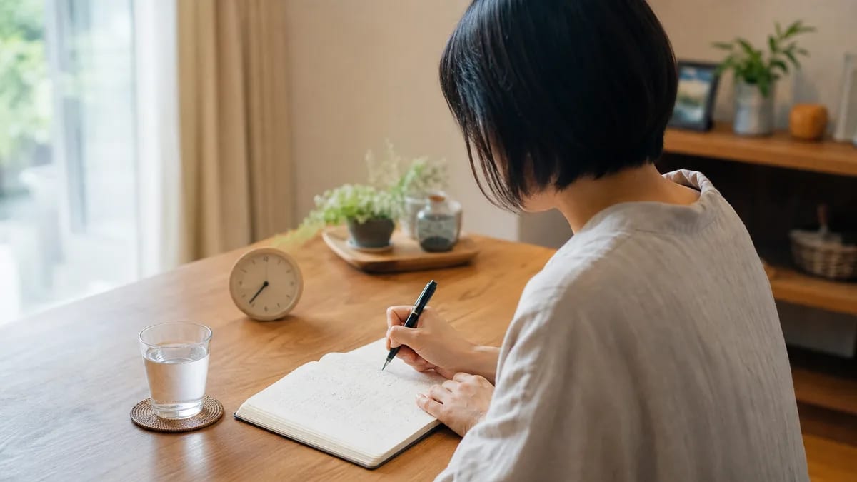 腰の痛みと日中の動きをノートに記録する様子