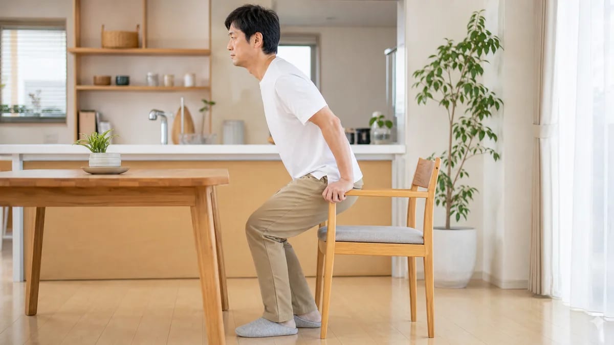 椅子からゆっくり立ち上がり腰の負担を確認する様子