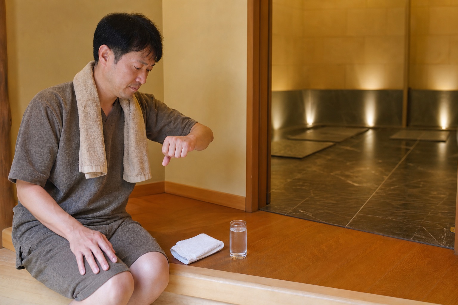 岩盤浴室へ入る前に水分と体調を確認する男性