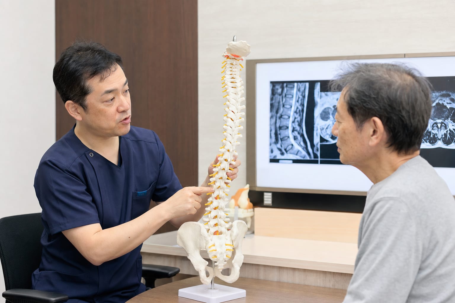 脊椎模型を使って神経ブロックの対象部位を説明する医師