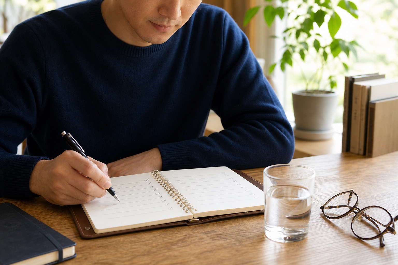 目のかすみや起こる時間をノートに記録する男性
