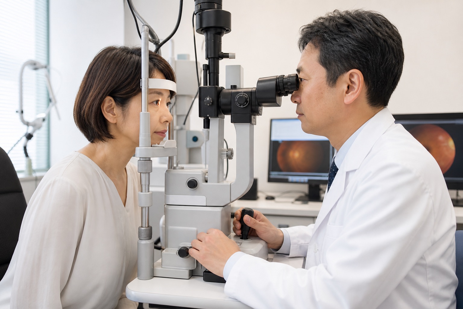 眼科で細隙灯顕微鏡による目の検査を受ける女性