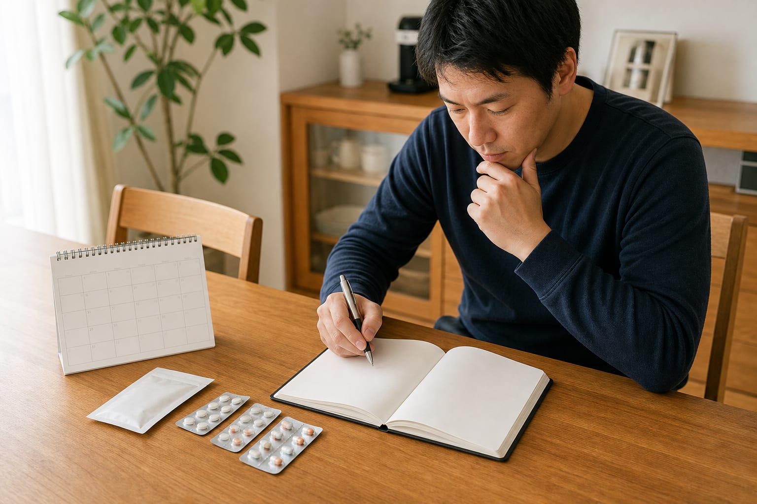 腰や脚の痛みと服薬状況をノートへ記録する男性