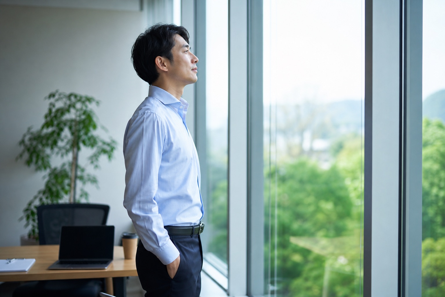 デスクワークの休憩に窓の外を見て目を休める男性