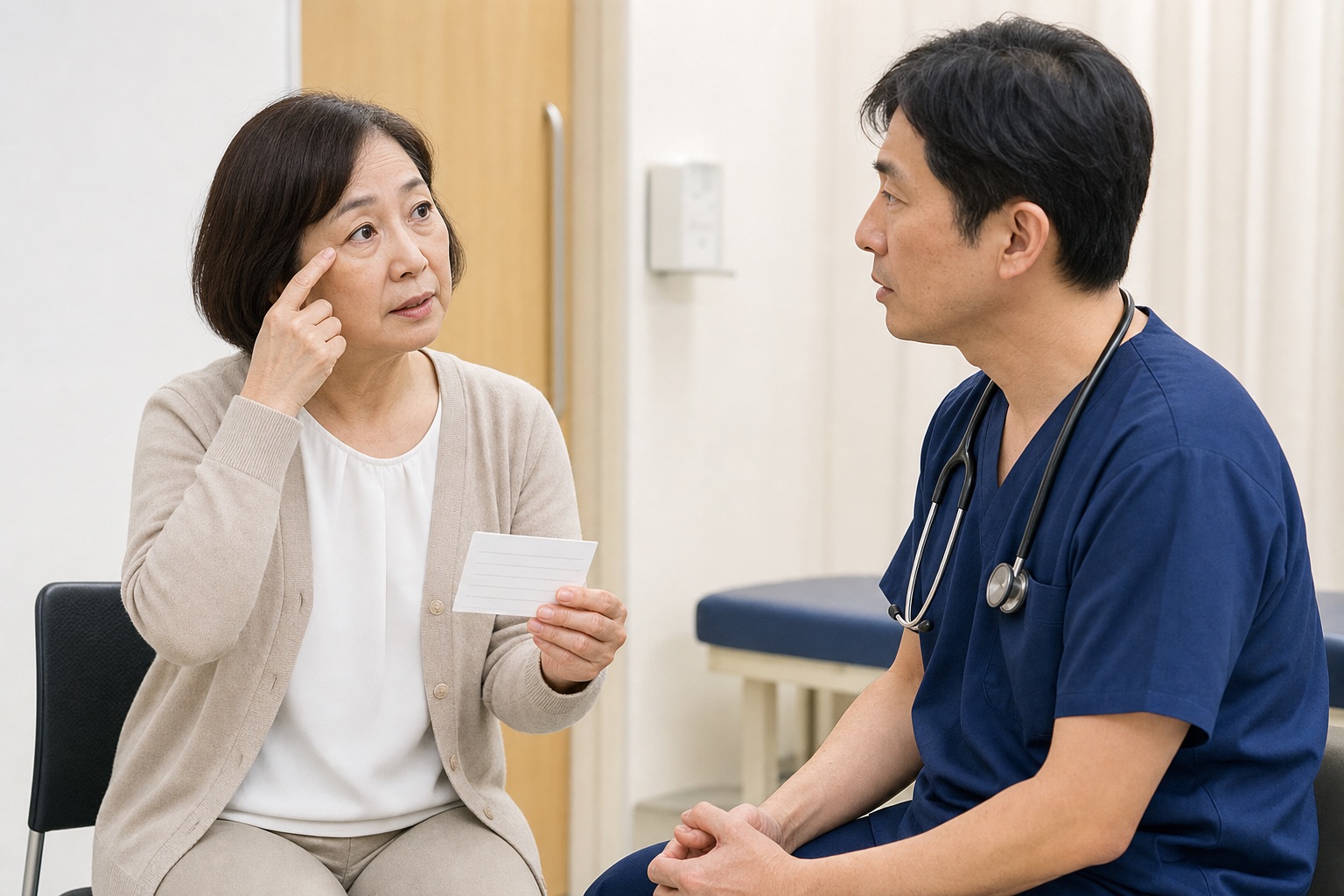 急な見え方の変化を医療者へ説明する女性
