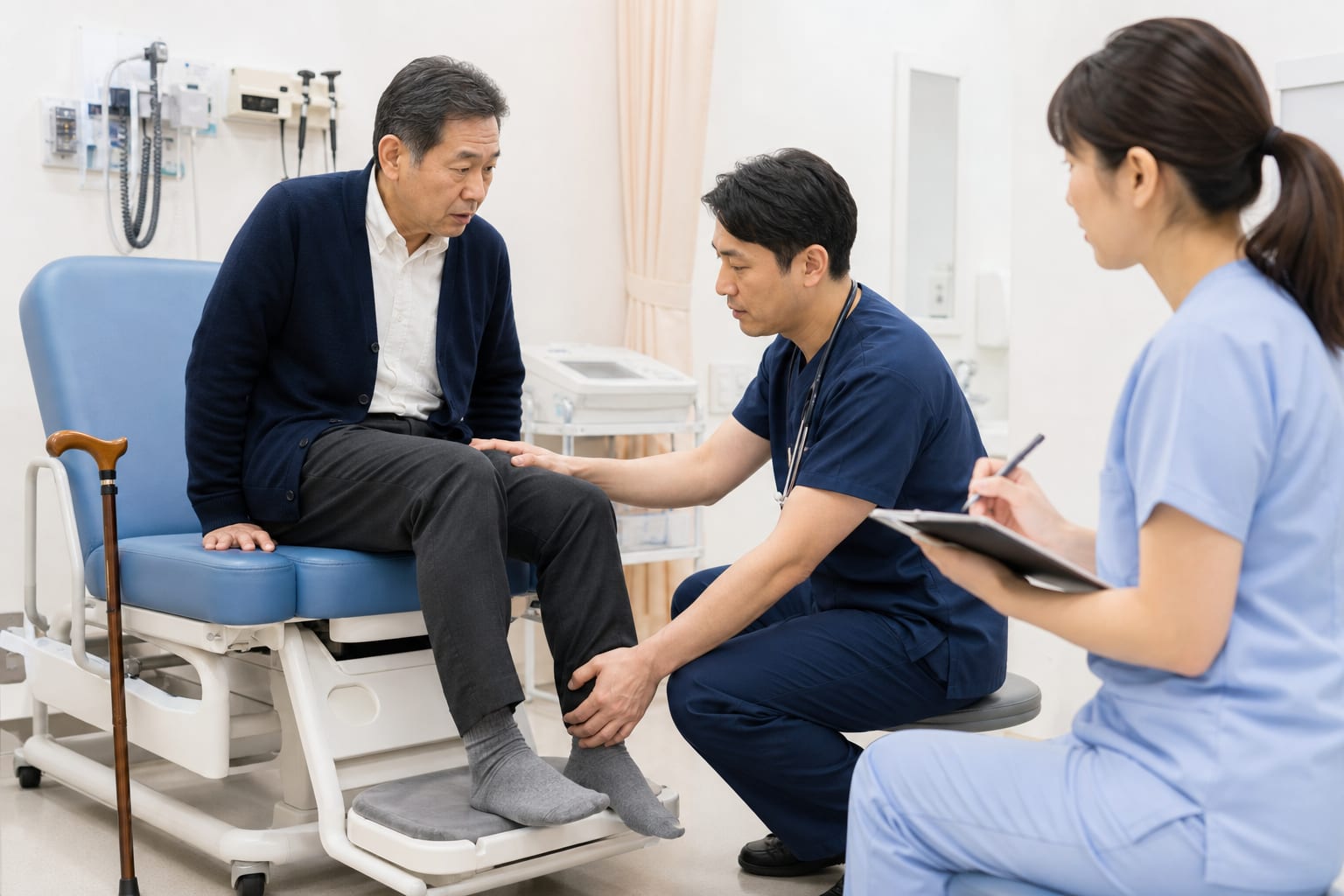 脚の力が入りにくい男性を医療者が診察する場面