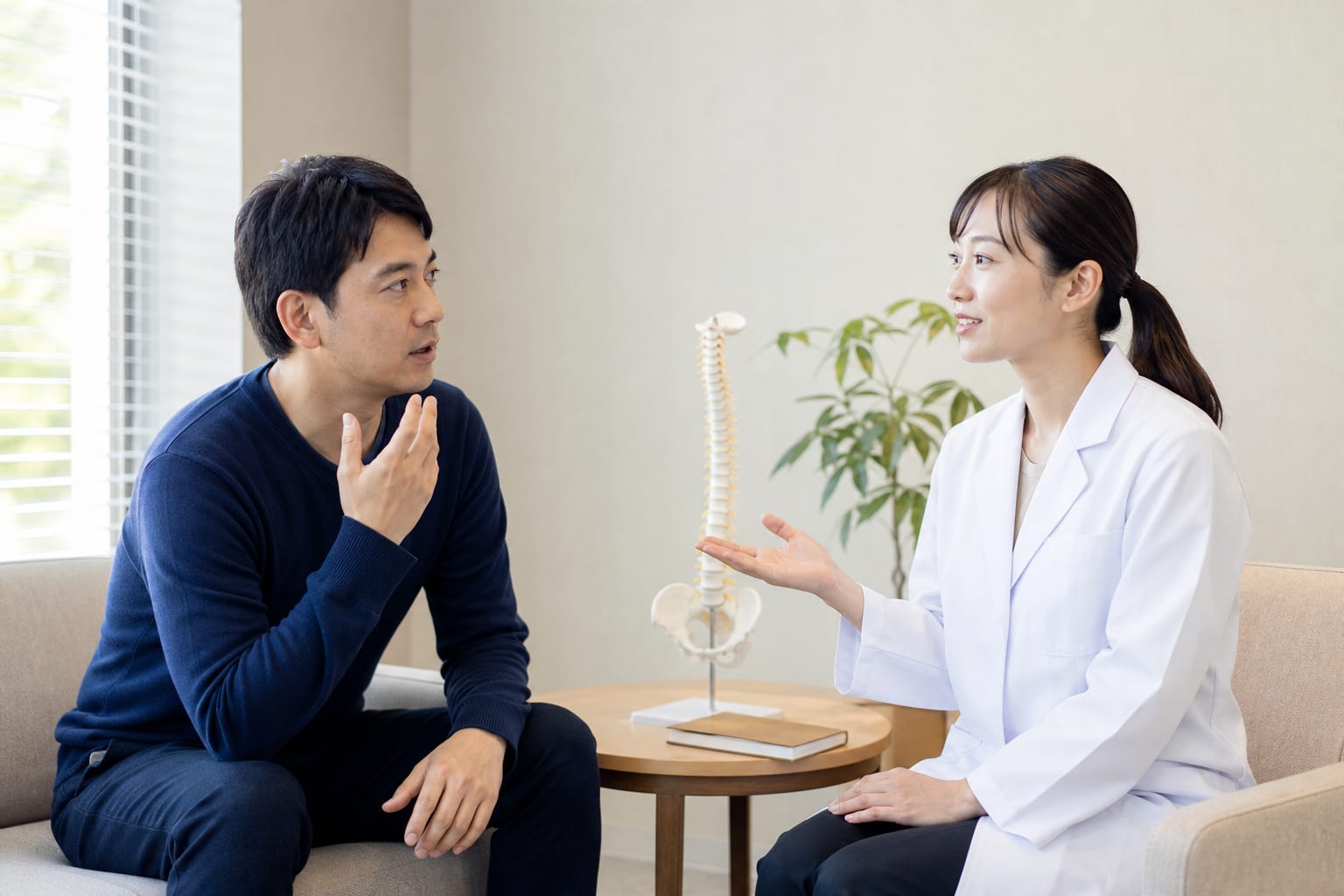 痛みの治療について医師へ質問する男性