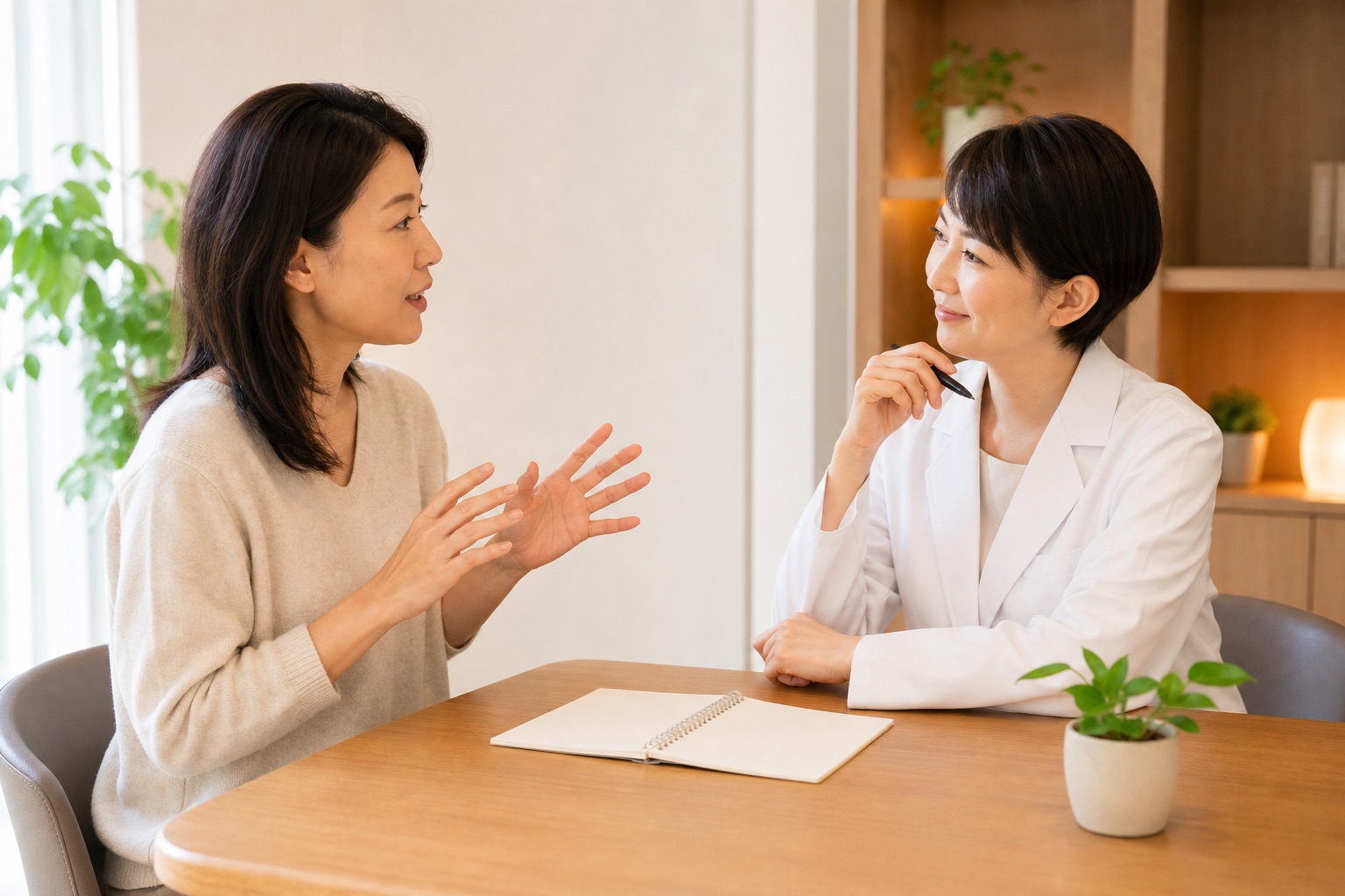 目の不調について医療者へ質問する女性
