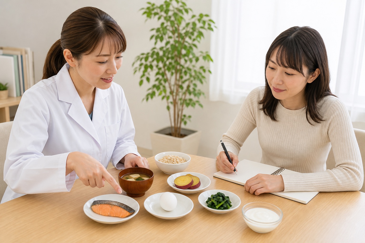 管理栄養士と除去した食品の再導入を一品ずつ確認する様子