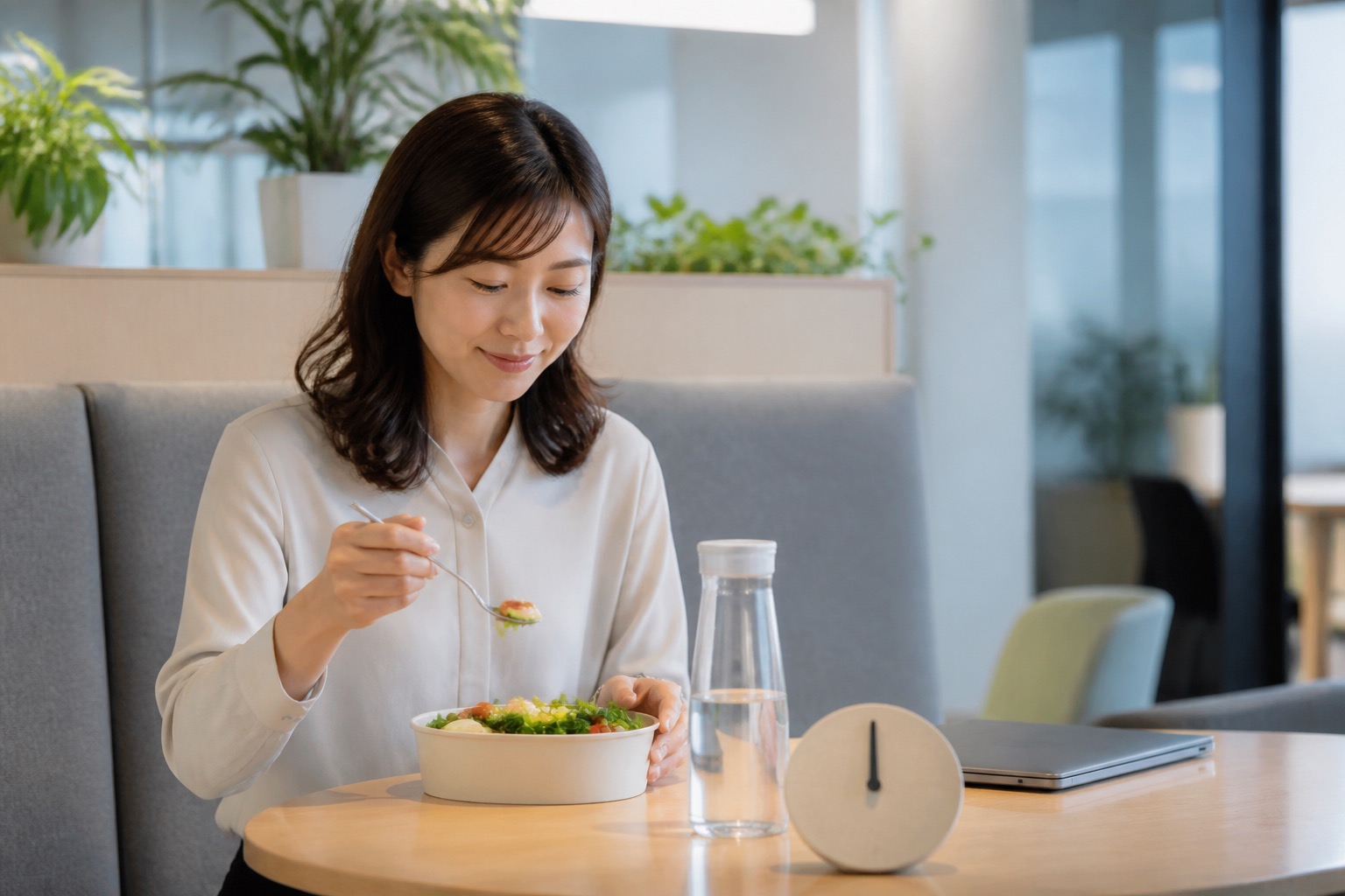 仕事中にパソコンを閉じて水分と昼食をゆっくり取る女性