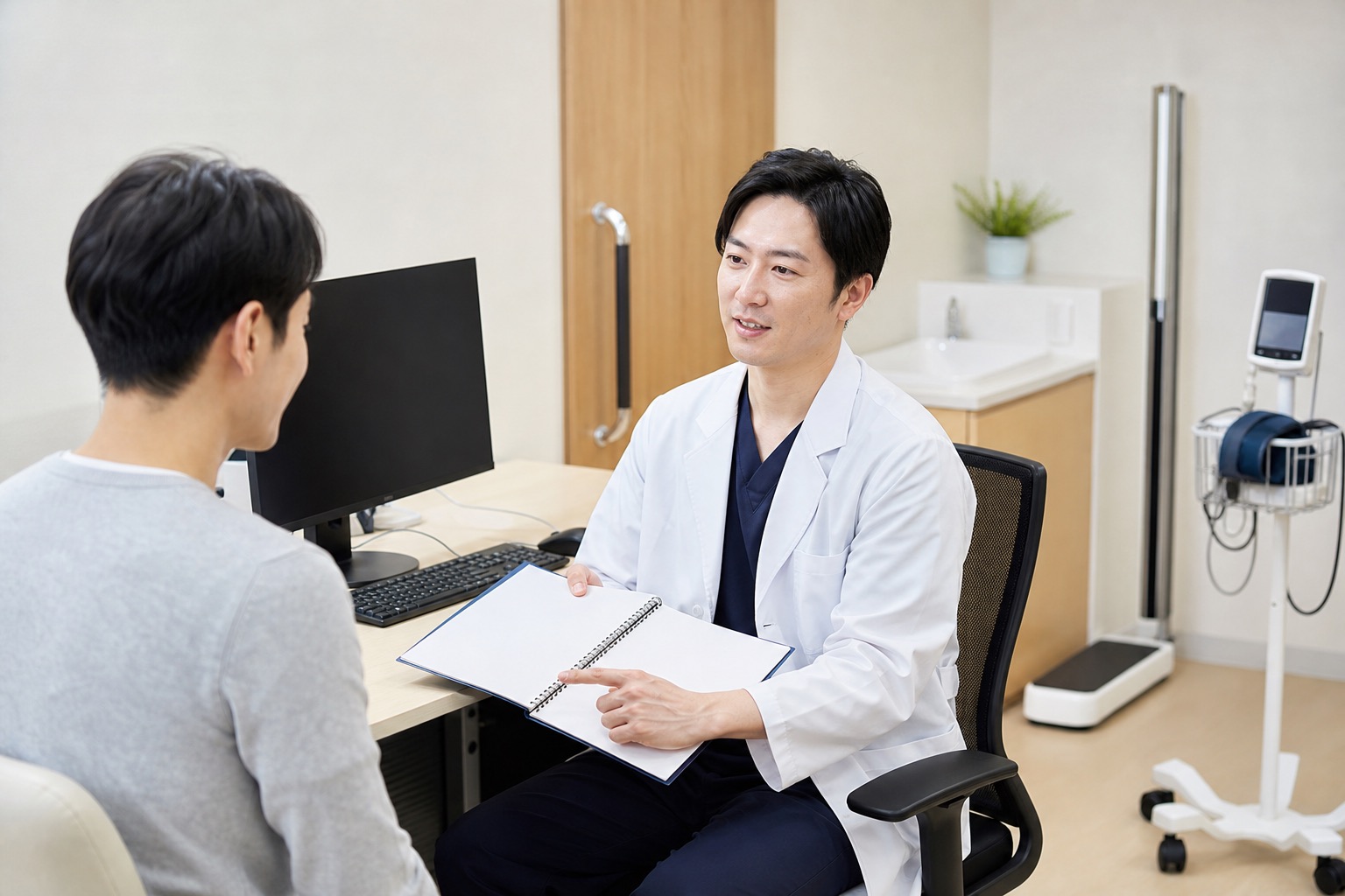 体重が増えない悩みと便通を消化器内科で相談する男性