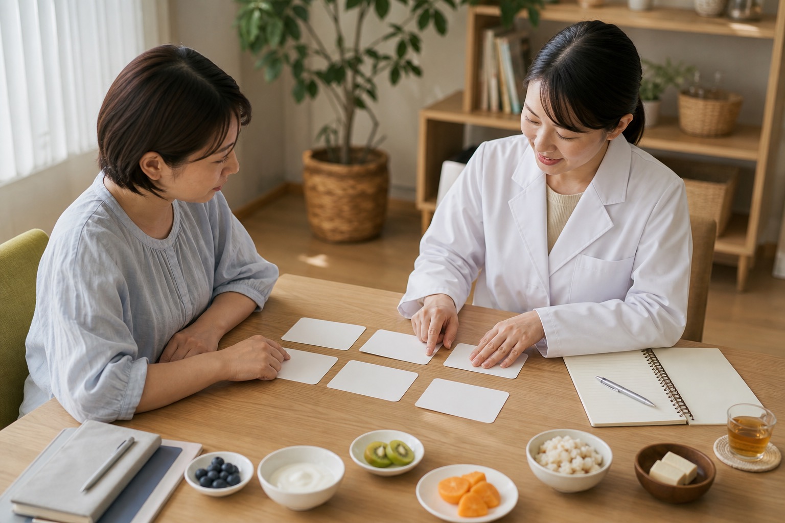 過敏性腸症候群の食事と体重に関する質問を管理栄養士と整理する様子