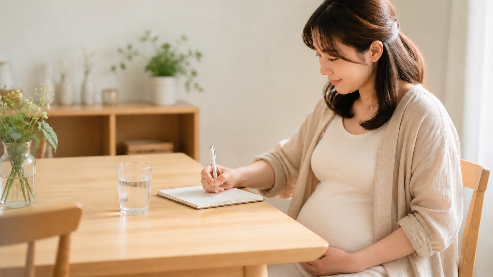 胎動かもしれないポコポコ感の時間と場所をノートに記録する妊婦