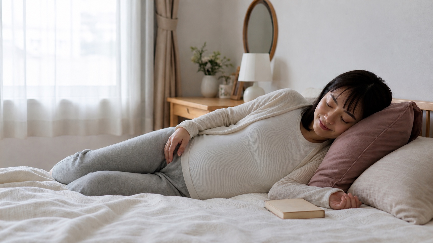 横向きで静かに休み普段の腹部の感覚を確認する妊娠中の女性