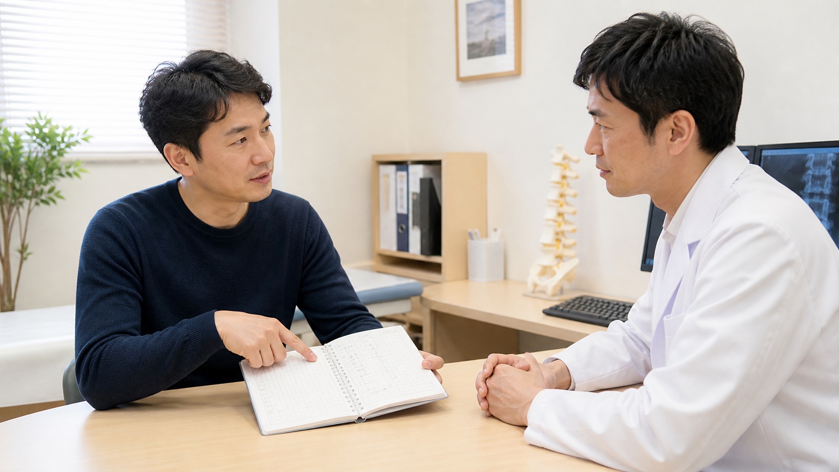 腰と腹部の症状記録を整形外科医へ見せる男性