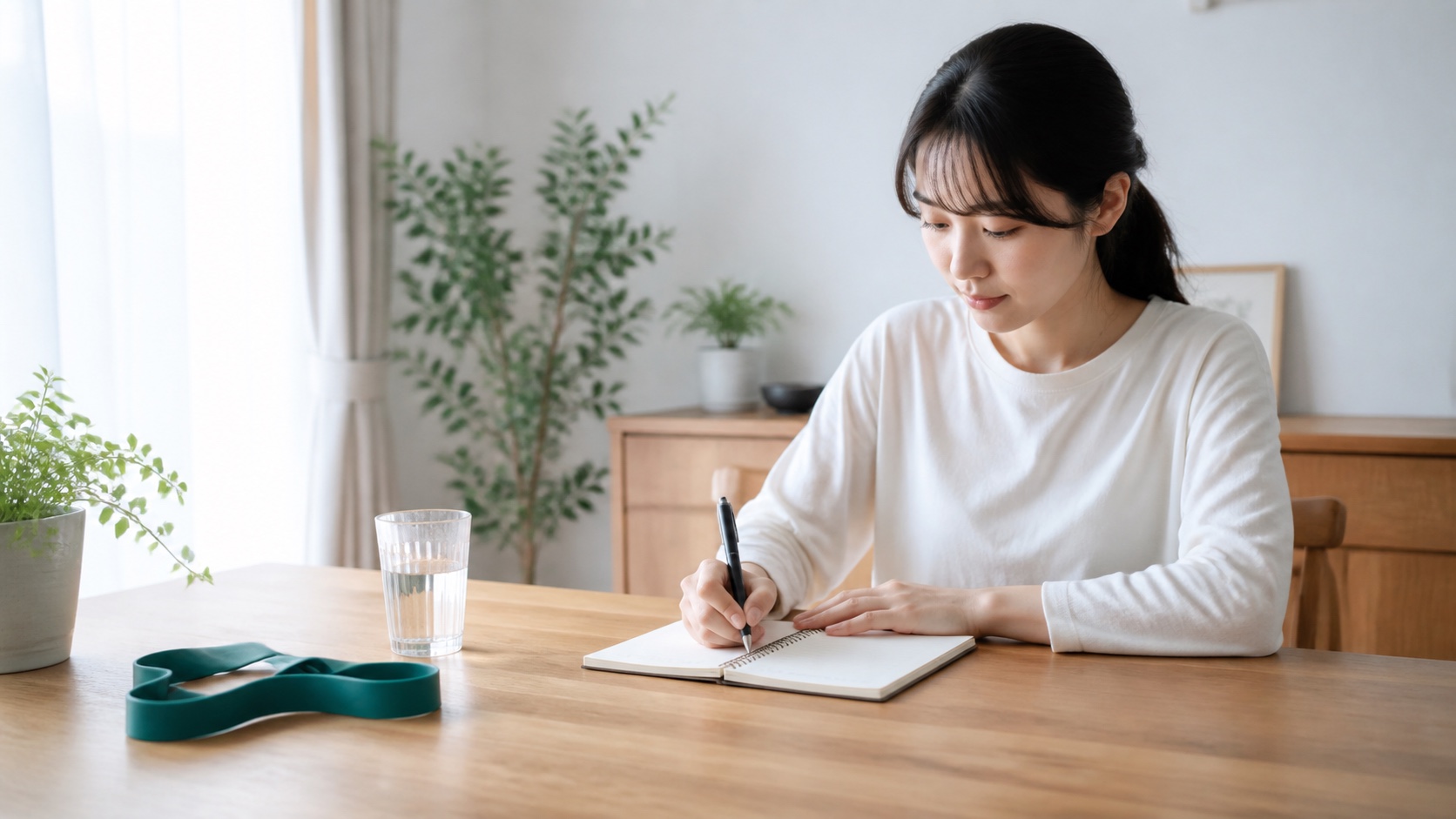 カエル足で寝る姿勢と朝の症状について質問をノートへ整理する女性