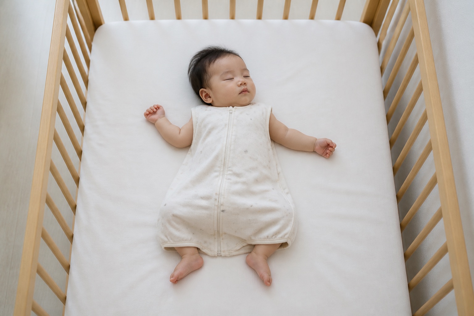 硬く平らな寝床で仰向けに眠り膝を自然に曲げる赤ちゃん