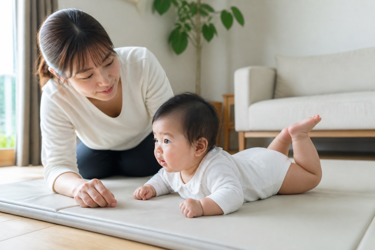 起きている赤ちゃんの腹ばい遊びをそばで見守る保護者