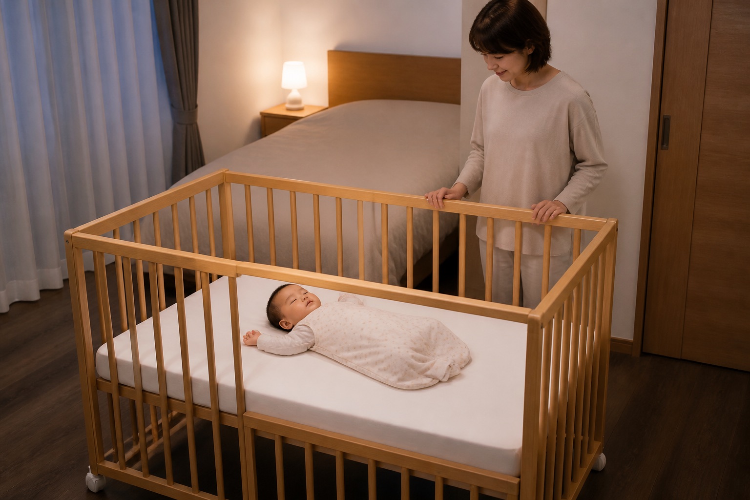 寝具や玩具を置かないベビーベッドで仰向けに眠る赤ちゃん