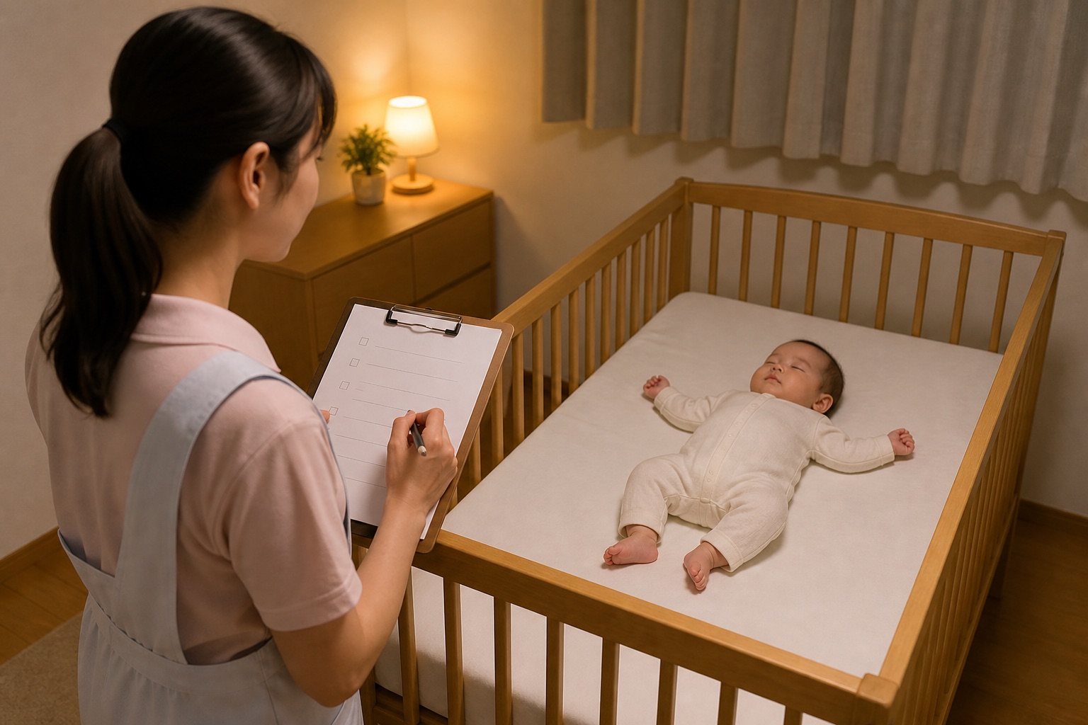空のベビーベッドのそばで睡眠環境の確認表を見直す保護者