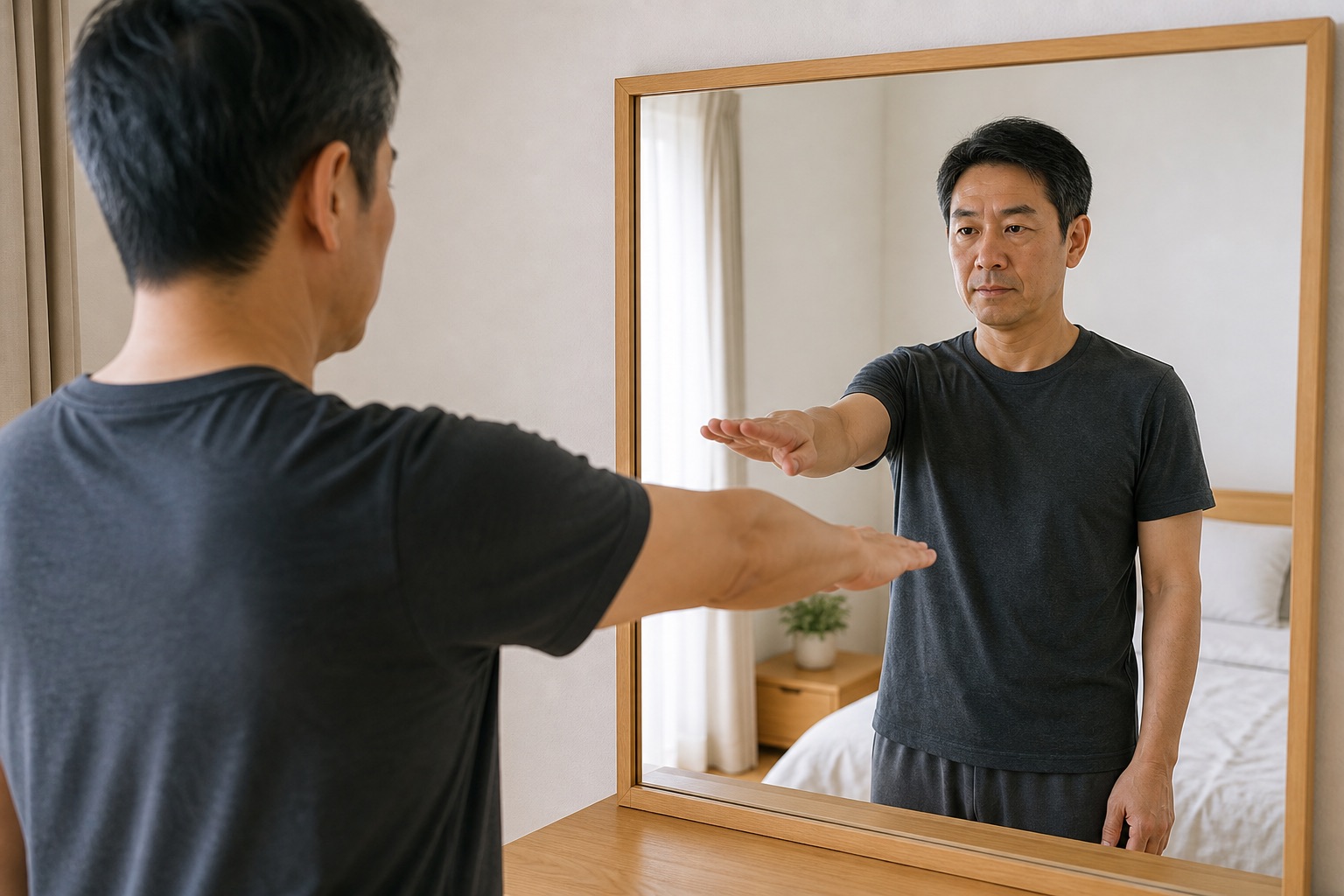 鏡の前で腕を前へ上げて左右の肩の動きを比べる男性
