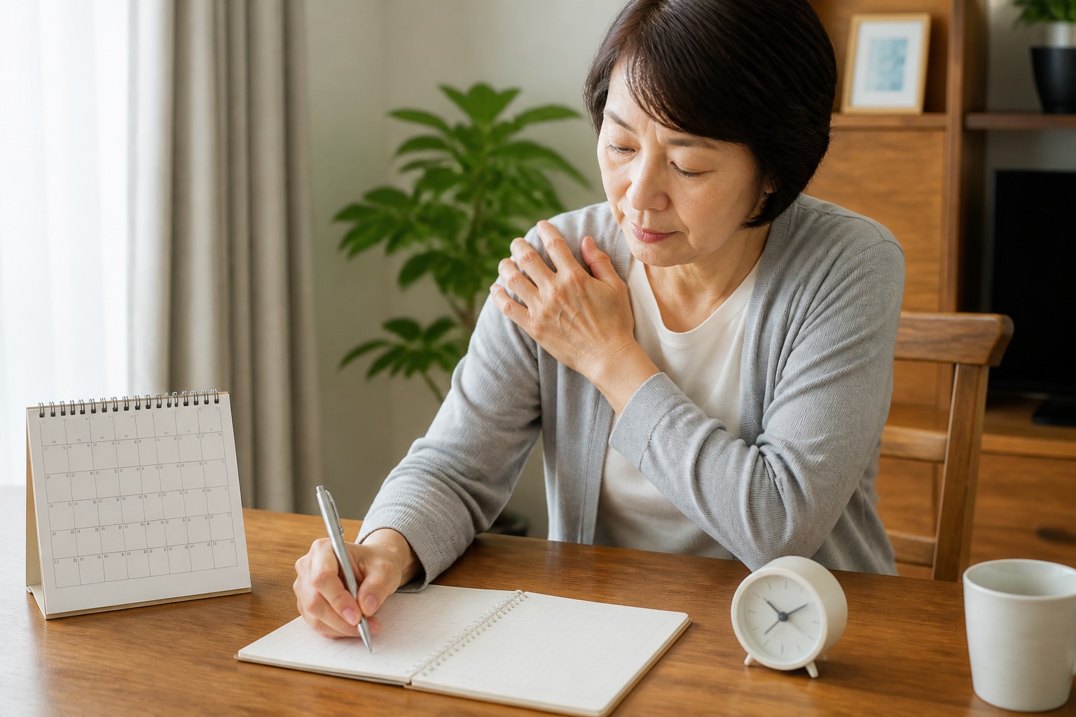 肩の痛みが出た時間と生活動作をノートに記録する女性