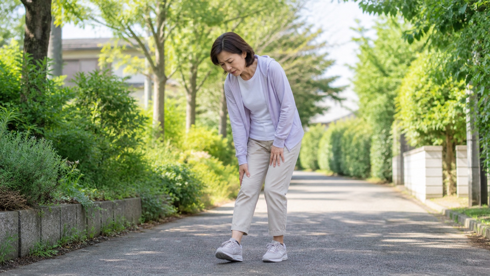 朝の散歩中に両脚のだるさを感じて立ち止まる50代女性