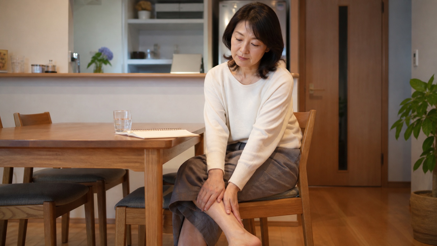 脚のだるさと睡眠や活動をノートに記録する50代女性