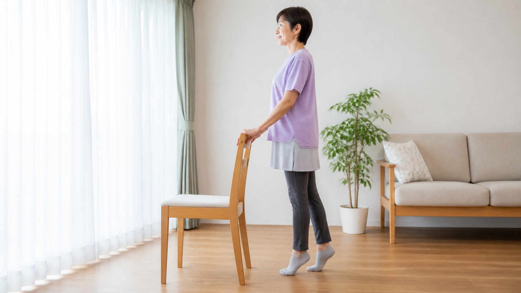 椅子を支えに安全な範囲で足首を動かす50代女性