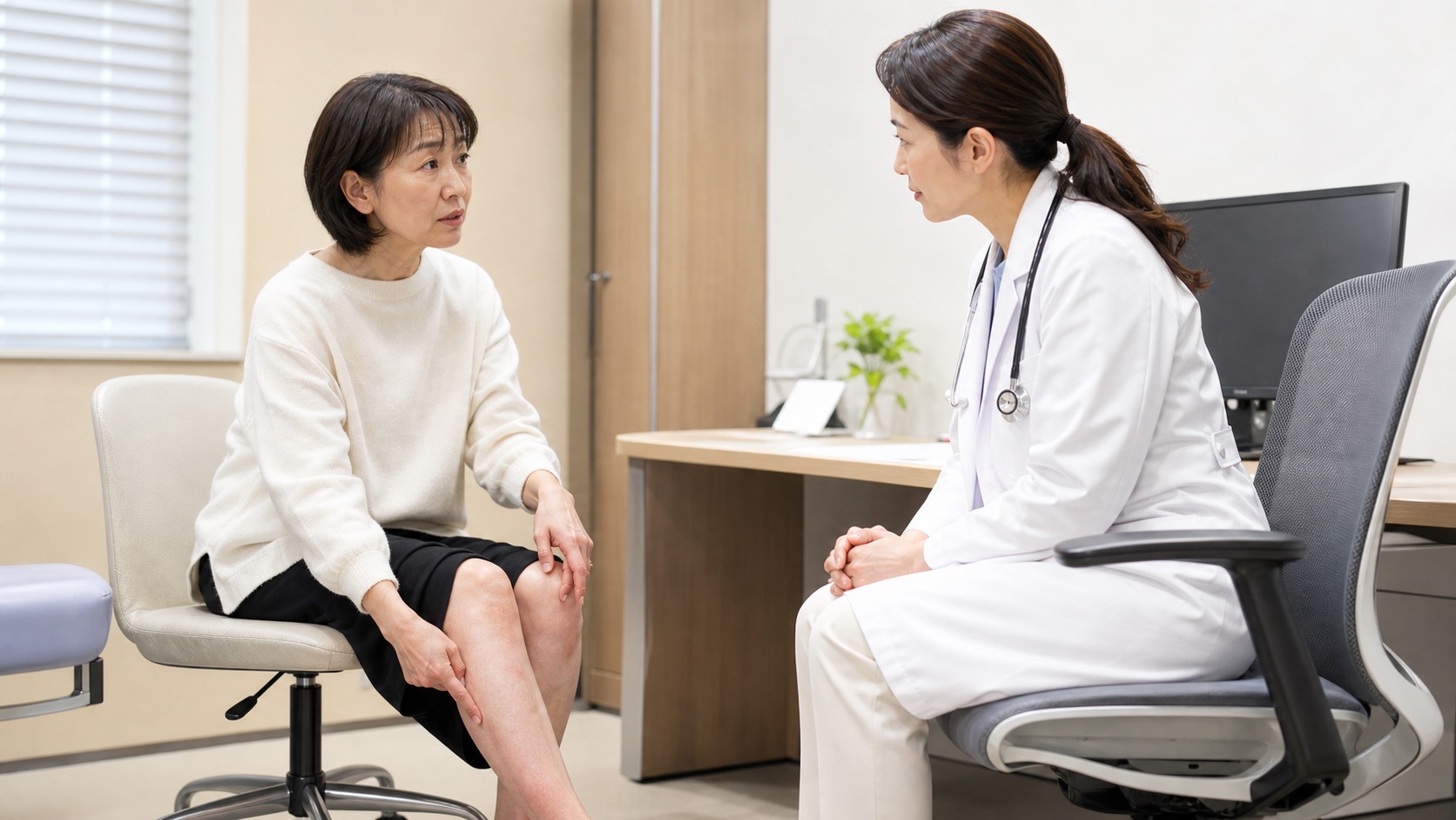 片脚の変化について医師へ相談する50代女性