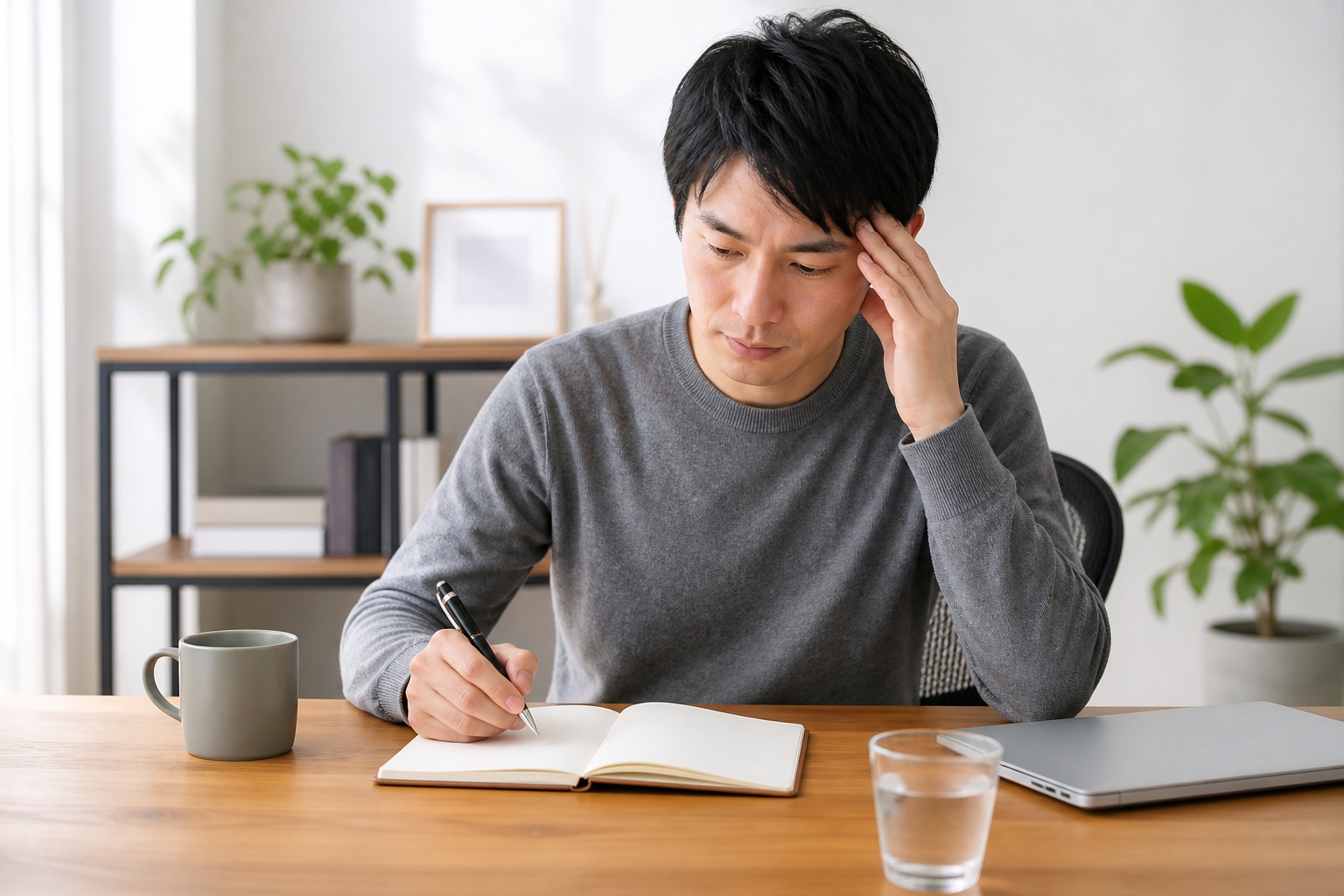 めまいや動悸が出る時間を自宅のノートへ記録する男性