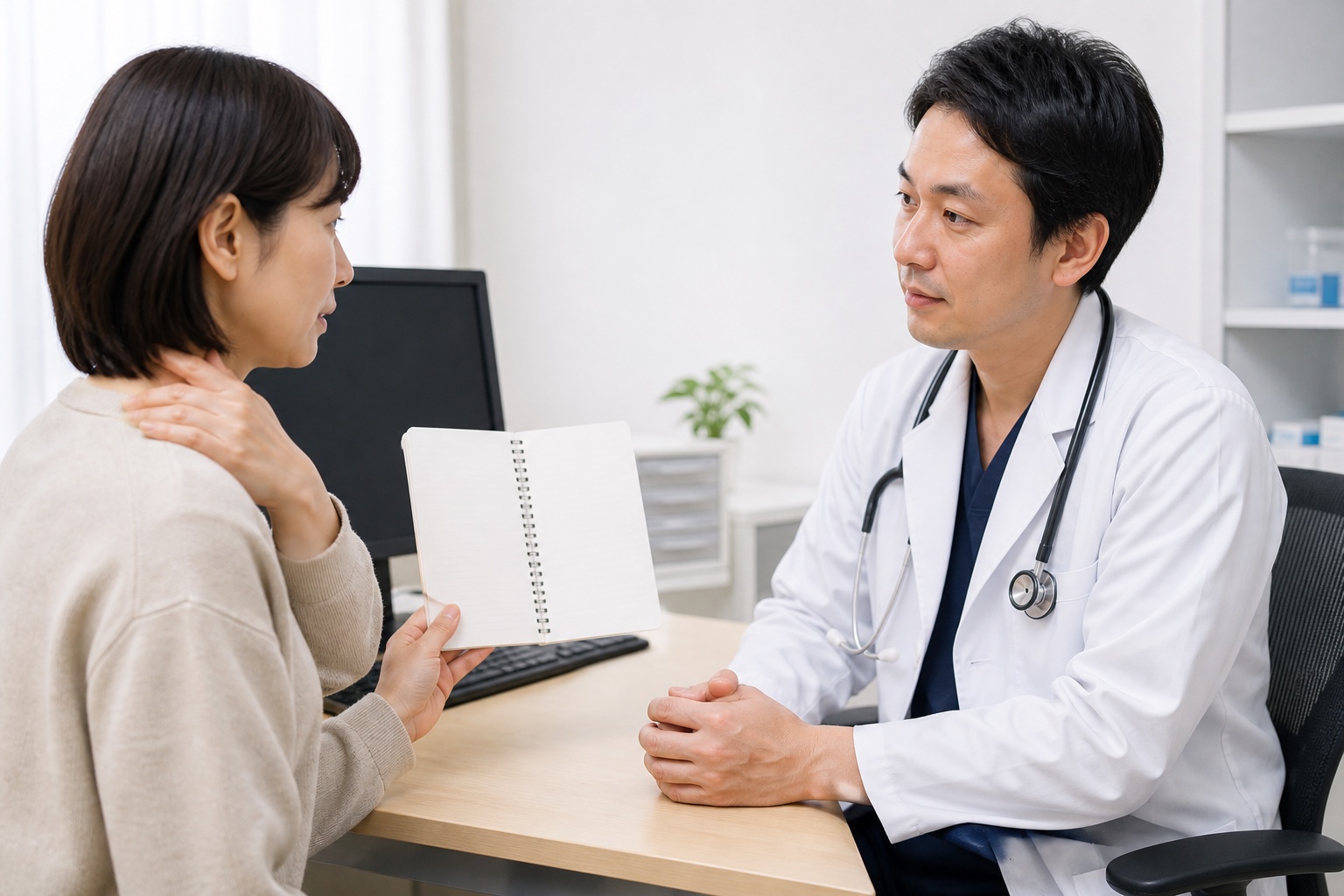 複数の体調変化を症状記録とともに内科医へ相談する女性