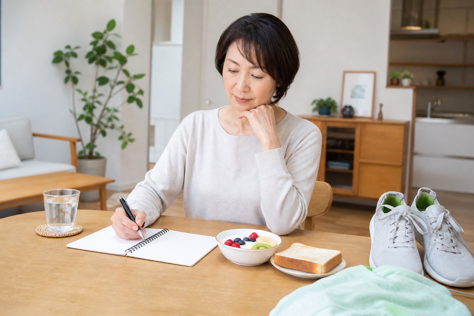 睡眠や食事と体調の関係を記録し生活リズムを見直す女性