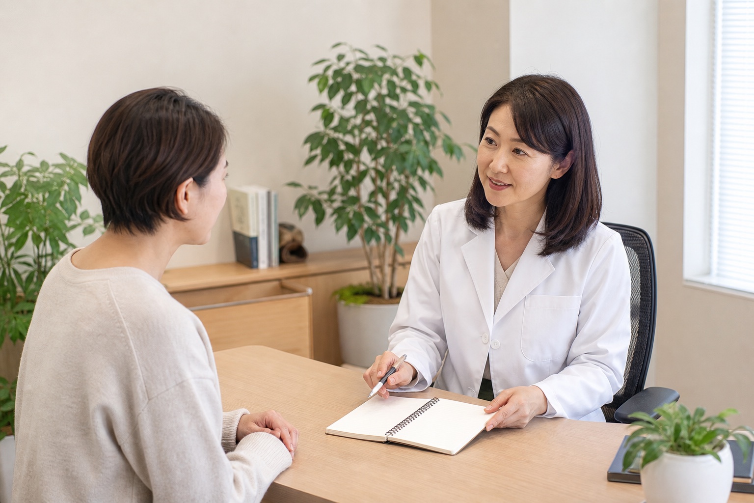 身体症状と睡眠やストレスについて心療内科医へ相談する女性