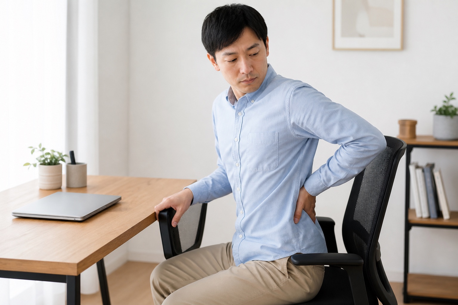 座り仕事中に腰から脚へ広がる痛みを確認する男性